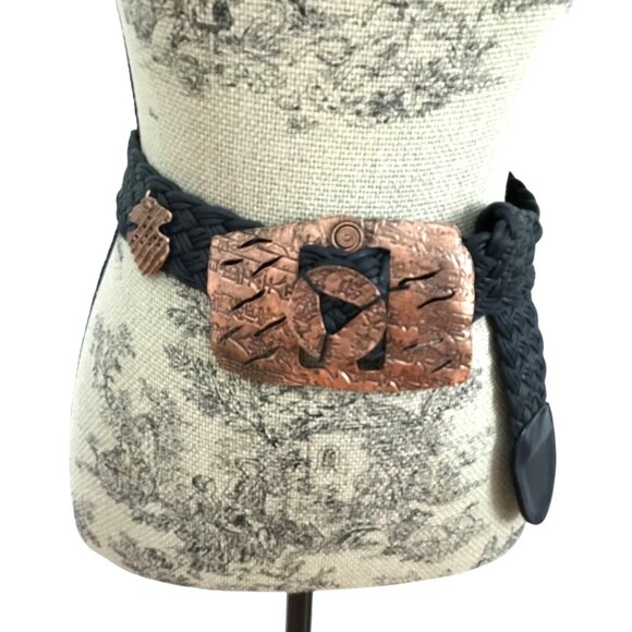 Vintage Women's Black Braided & Copper Concho Adjustable Design Belt Unique OS - Picture 1 of 10